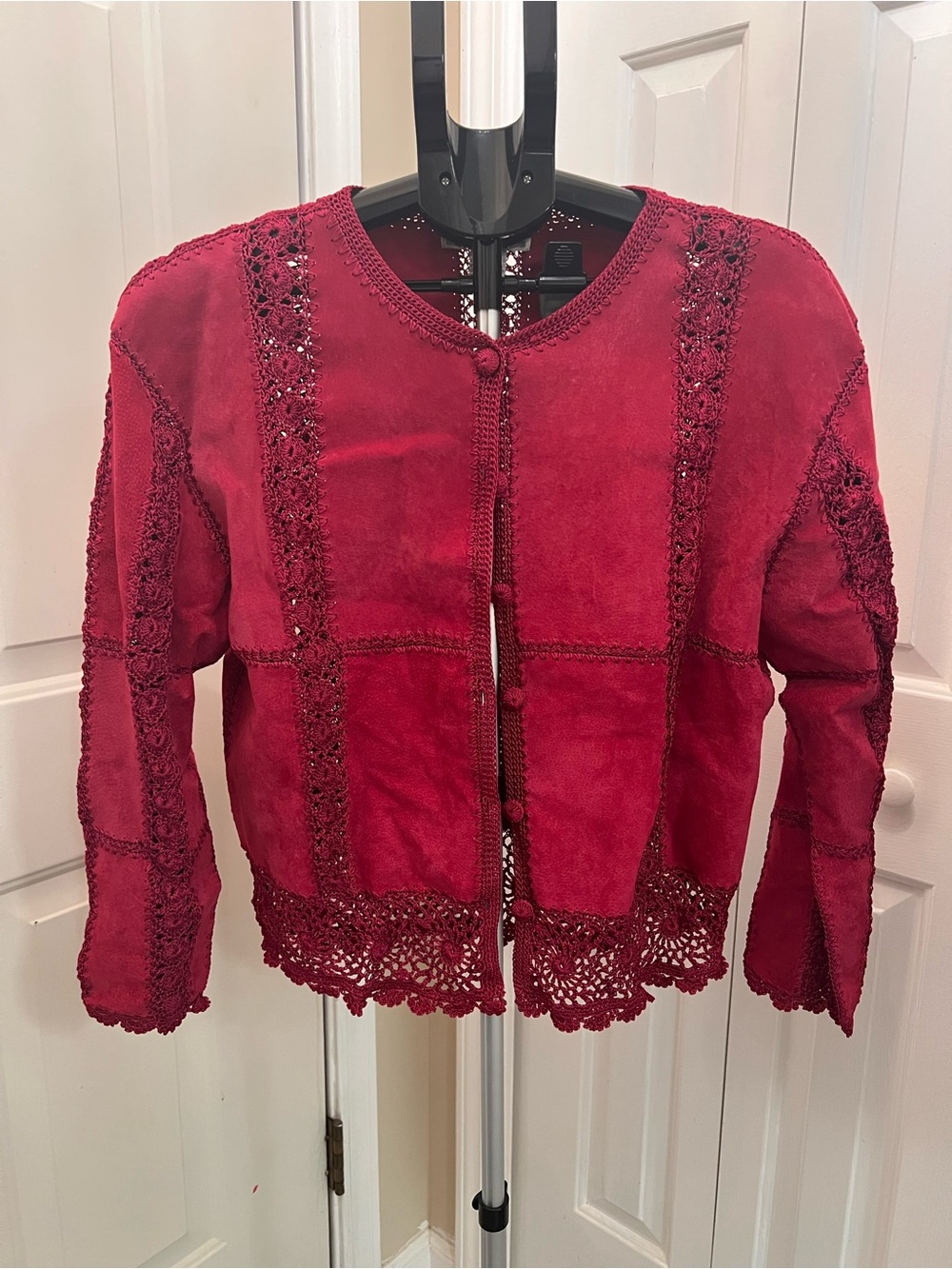 Women’s Red leather Suede Crochet-Trim Jacket